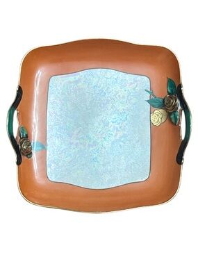 Vintage Noritake Orange Tray with Iridescent Center and Green Rose Accents